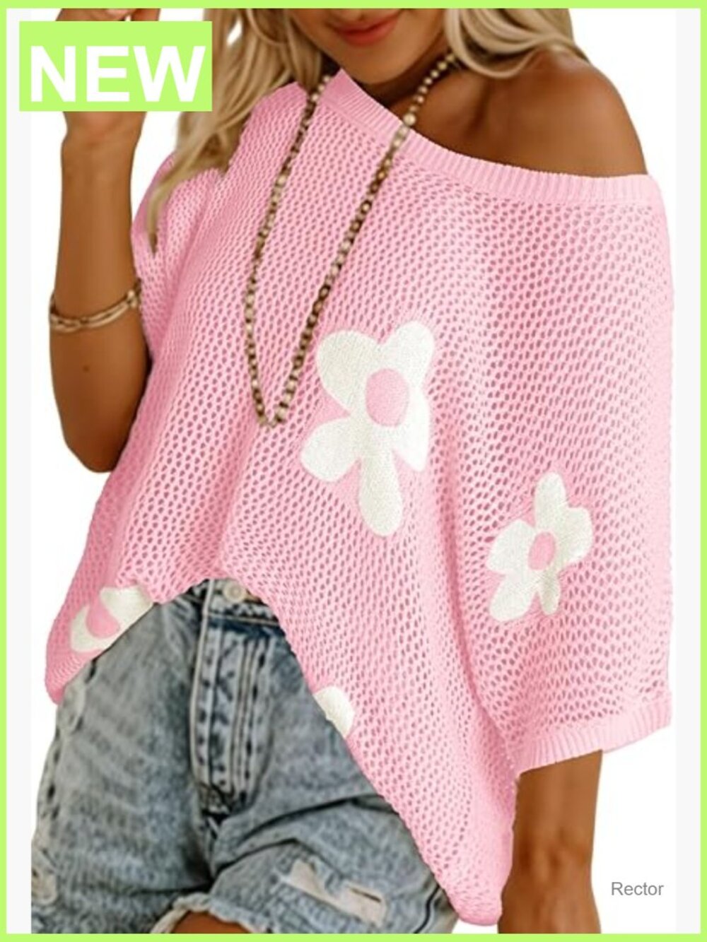 Floral Crochet Short Sleeve Pullover Sweater - Lightweight Knit Tunic Top